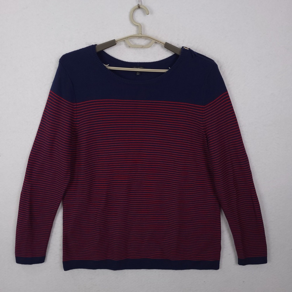 Talbots Sweater Woman 1X Navy Blue Red Striped Cashmere Blend Button Shoulder
